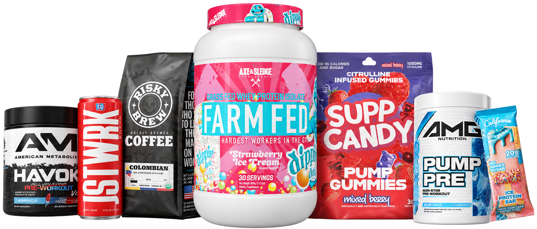 Packaging designed by Gerart Media — pre-workout, whey protein, energy drink, coffee and gummies